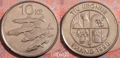 Исландия 10 крон 1996 года, KM# 29.1a, 178-074