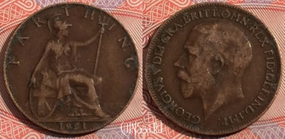 Великобритания 1 фартинг 1921 года, KM# 808, 178-128