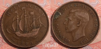 Великобритания 1/2 пенни 1946 года, KM# 844, 178-133