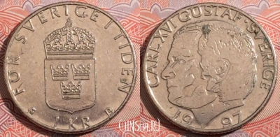 Швеция 1 крона 1997 года, KM# 852a, 178-136