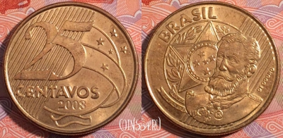 Бразилия 25 сентаво 2008 года, KM# 650, 180-058