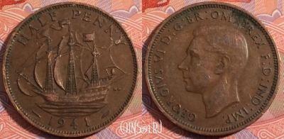 Великобритания 1/2 пенни 1941 года, KM# 844, 180-068
