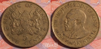 Кения 5 центов 1974 года, KM# 10, 180-109