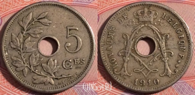 Бельгия 5 сантимов 1910 года, BELGIQUE, 180-125