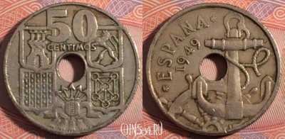 Испания 50 сентимо 1949 года, KM# 777, 182-085