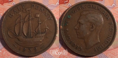 Великобритания 1/2 пенни 1939 года, KM# 844, 182-086