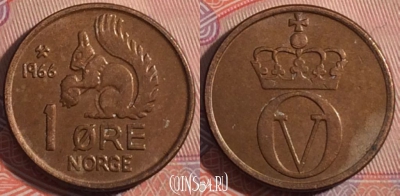 Норвегия 1 эре 1966 года, КМ# 403, 182-113