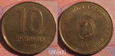 Аргентина 10 сентаво 2008 года, KM# 107a, 182-140