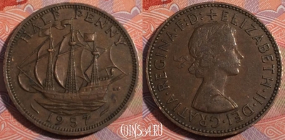 Великобритания 1/2 пенни 1957 год, KM# 896, 184-028