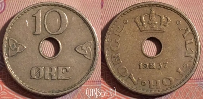 Норвегия 10 эре 1937 года, KM# 383, 184-064