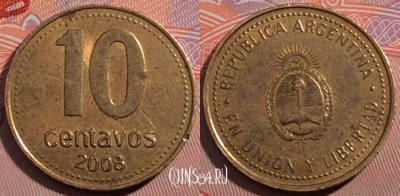 Аргентина 10 сентаво 2008 года, KM# 107a, 185-022