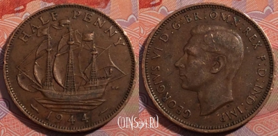 Великобритания 1/2 пенни 1944 года, KM# 844, 185-040