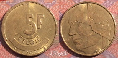 Бельгия 5 франков 1988 года, BELGIE, KM# 164, 185-107