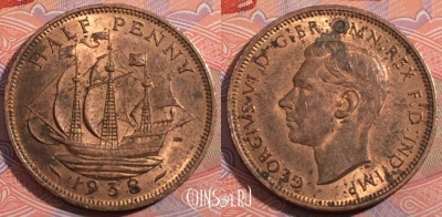Великобритания 1/2 пенни 1938 года, KM# 844, 185-118