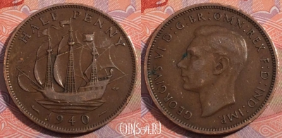 Великобритания 1/2 пенни 1940 года, KM# 844, 185-121