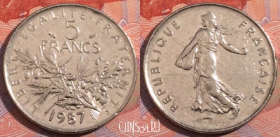 Франция 5 франков 1987 года, KM# 926a.1, 185-122