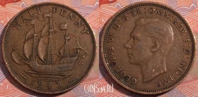 Великобритания 1/2 пенни 1943 года, KM# 844, 185-136