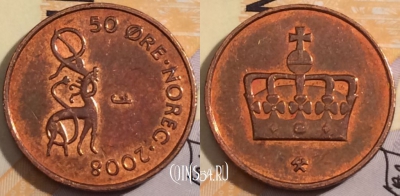 Норвегия 50 эре 2008 года, KM# 460, 186-090