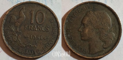 Франция 10 франков 1951 года B, KM# 915, 188-058