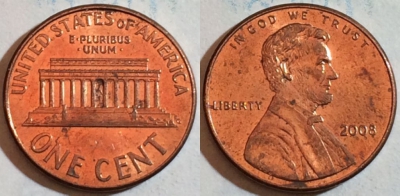 США 1 цент 2008 года, KM# 201b, 188-074