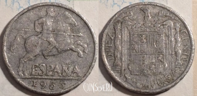 Испания 10 сентимо 1953 года, KM# 766, 188-119