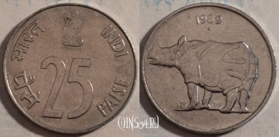 Индия 25 пайс 1989 года, Носорог, KM# 54, 189-015