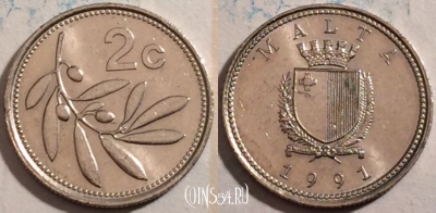 Мальта 2 цента 1991 года, KM# 94, 189-131