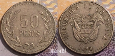 Колумбия 50 песо 1990 года, KM# 283, 192-066