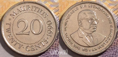 Маврикий 20 центов 1990 года, KM# 53, 194-111