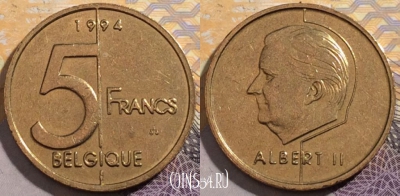 Бельгия 5 франков 1994 года, BELGIQUE, KM# 189, 194-136