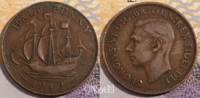 Великобритания 1/2 пенни 1949 года, KM# 868, 196-029