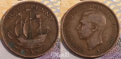 Великобритания 1/2 пенни 1938 года, KM# 844, 196-042