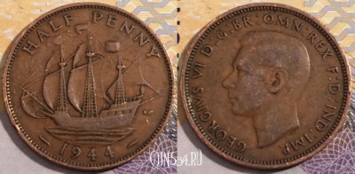 Великобритания 1/2 пенни 1944 года, KM# 844, 196-045