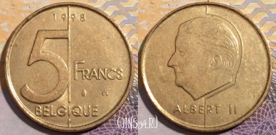 Бельгия 5 франков 1998 года, BELGIQUE, KM# 189, 197-099