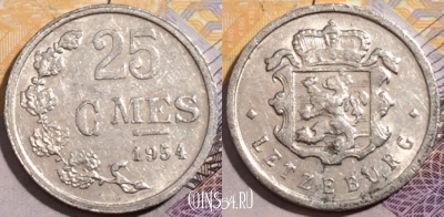 Люксембург 25 сантимов 1954 года, KM# 45a, 197-113