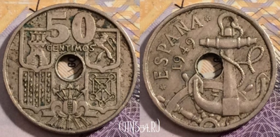 Испания 50 сентимо 1949 г., 56 внутри ☆, KM# 777, 203-119