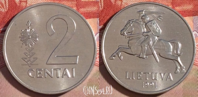 Литва 2 цента 1991 года, KM# 86, UNC, 266-081