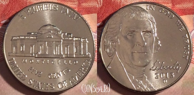 США 5 центов 2013 года D, KM# 381, UNC, 266-091
