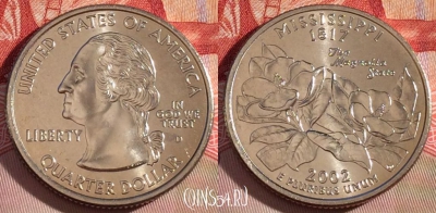 США 25 центов (квотер) 2002 года D, KM# 335, UNC, 267-012