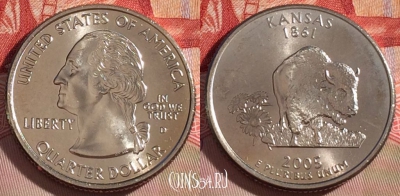 США 25 центов (квотер) 2005 года D, KM# 373, UNC, 267-021