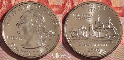 США 25 центов (квотер) 2000 года D, KM# 309, UNC, 267-023