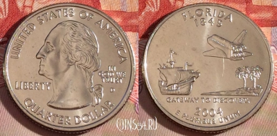 США 25 центов (квотер) 2004 года D, KM# 356, UNC, 267-055