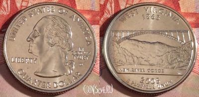 США 25 центов (квотер) 2005 года D, KM# 374, UNC, 267-061