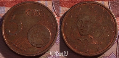Франция 5 евроцентов 2010 года, KM# 1284, 270-058