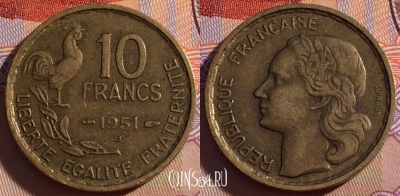 Франция 10 франков 1951 года B, KM# 915, 271-035