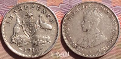 Австралия 3 пенса 1911 года, Ag, KM# 24, 271-147