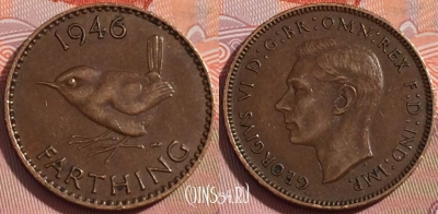 Великобритания 1 фартинг 1946 года, KM# 843, 275-033