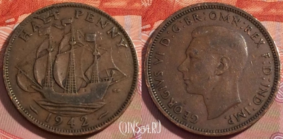 Великобритания 1/2 пенни 1942 года, KM# 844, 275-051