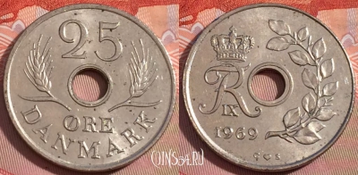 Дания 25 эре 1969 года, KM# 855, 275-117