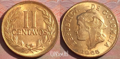 Колумбия 2 сентаво 1965 года, KM# 211, UNC, 278-025